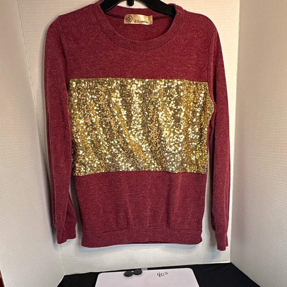 E2 Clothing Burgundy/Gold Colorblock Knit Crew Neck Sequin Pullover Sweater L